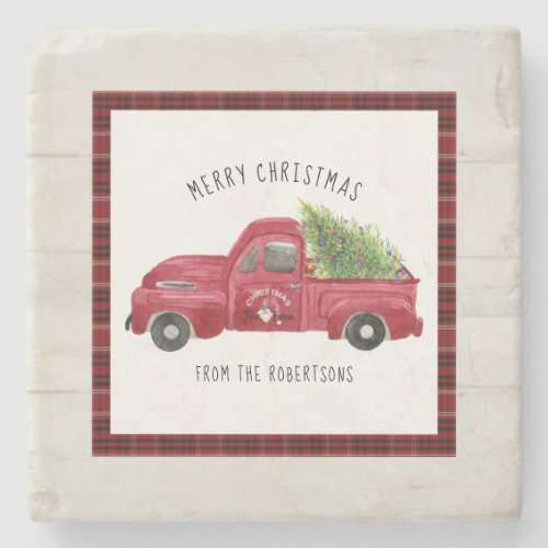 Red Farm Truck Merry Christmas Rustic Wood Tree Stone Coaster