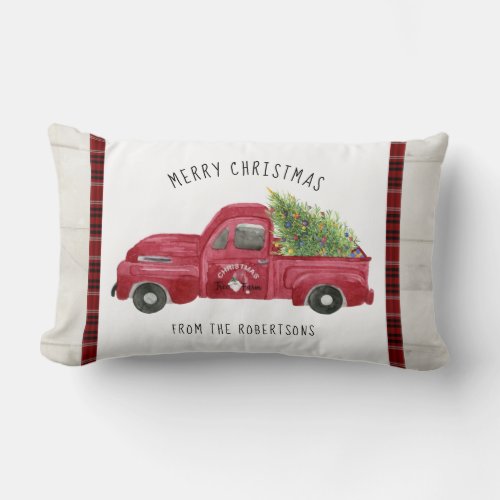 Red Farm Truck Rustic Wood Merry Christmas Tree Lumbar Pillow