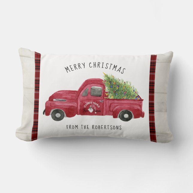 Red Farm Truck Rustic Wood Merry Christmas Tree Lumbar Pillow (Front)