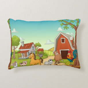 Red Farmhouse Barn and Farmyard Animals Accent Pillow