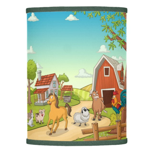 Red Farmhouse Barn and Farmyard Animals Lamp Shade (Front)