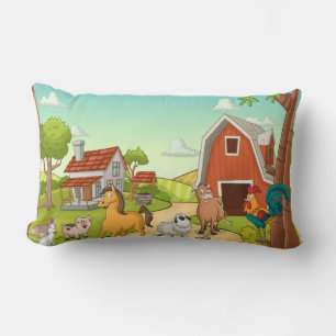 Red Farmhouse Barn and Farmyard Animals Lumbar Pillow