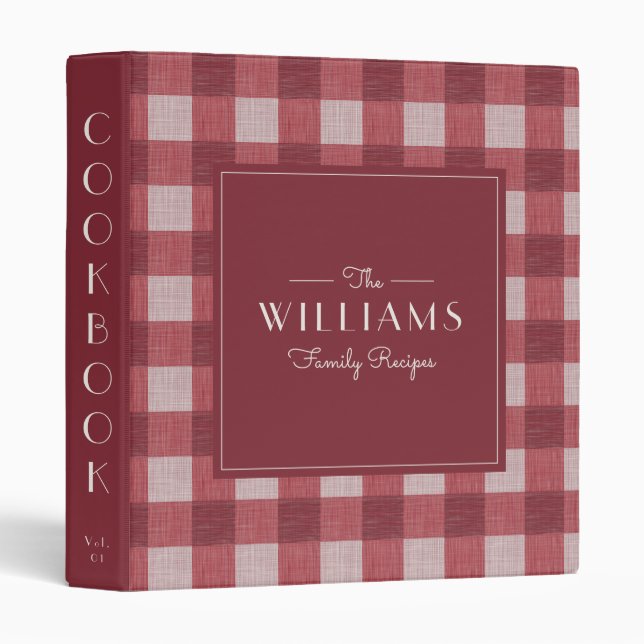 Red Farmhouse Plaid Family Recipe Cookbook 3 Ring Binder (Front/Spine)