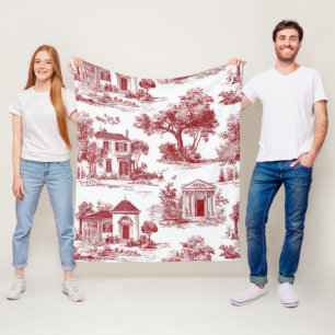 Red Farmhouse Toile Scenic Tree Pattern Fleece Blanket