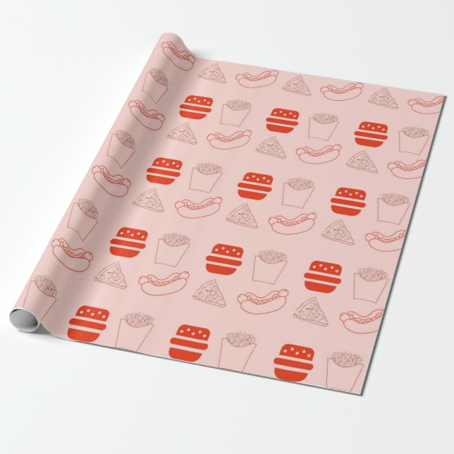 Red fast food pattern wrapping paper (Unrolled)