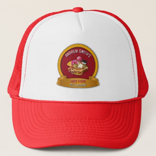 Red Fast Food Restaurant Custom Logo Name Business Trucker Hat