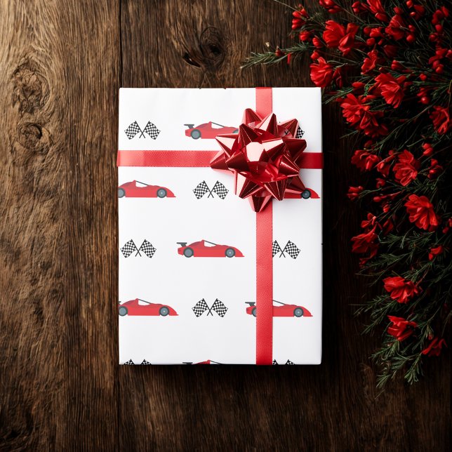 Red Fast one retro race car checkered flags racing Wrapping Paper (Creator Uploaded)