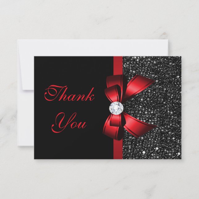 Red Faux Bow Black Sequins Diamond Thank You (Front)
