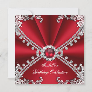 Red Faux Diamond Jewel Floral Birthday Party Invitation