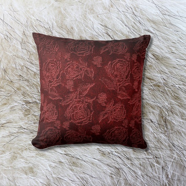 Red Faux Embossed Rose Leather Throw Pillow (Creator Uploaded)