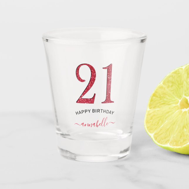 Red Faux Glitter 21 Birthday Shot Glass (Front)