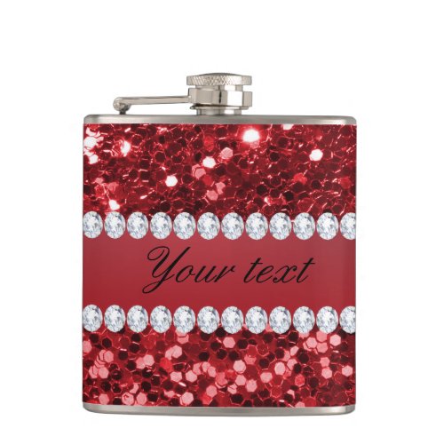 Red Faux Glitter and Diamonds Hip Flask