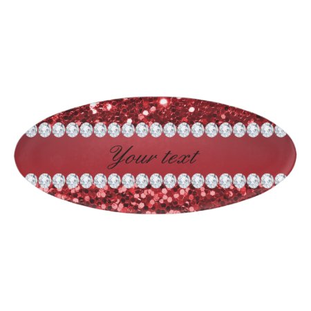 Red Faux Glitter And Diamonds Name Tag