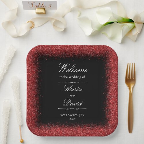 Red Faux Glitter Border Wedding Paper Plates