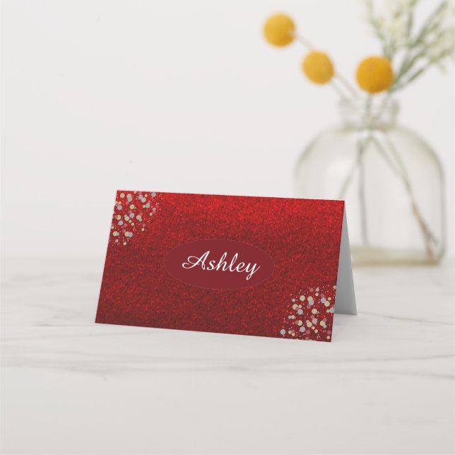 Red Faux Glitter Christmas Seating Place Card (Front)
