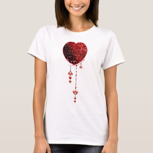 Red Faux Glitter Heart  Heart Droplets T_Shirt