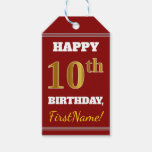 [ Thumbnail: Red, Faux Gold 10th Birthday + Custom Name Gift Tags ]