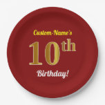 [ Thumbnail: Red, Faux Gold 10th Birthday + Custom Name Paper Plates ]