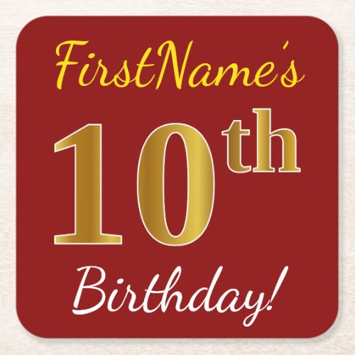 Red Faux Gold 10th Birthday  Custom Name Square Paper Coaster