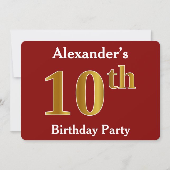 Red, Faux Gold 10th Birthday Party + Custom Name Invitation (Front)