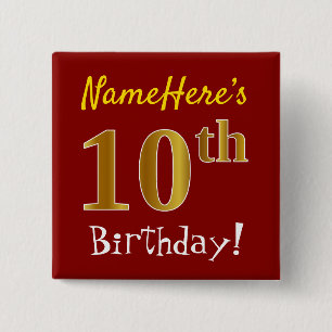 Red, Faux Gold 10th Birthday, With Custom Name Button