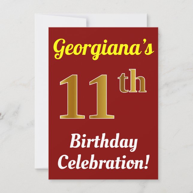 Red, Faux Gold 11th Birthday Celebration + Name Invitation (Front)