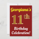 [ Thumbnail: Red, Faux Gold 11th Birthday Celebration + Name Invitation ]