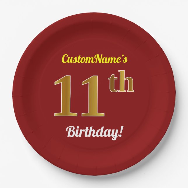 Red, Faux Gold 11th Birthday + Custom Name Paper Plates (Front)
