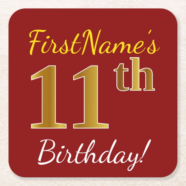 Red, Faux Gold 11th Birthday + Custom Name Square Paper Coaster (Front)