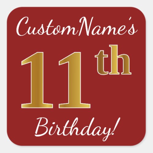 Red Faux Gold 11th Birthday  Custom Name Sticker