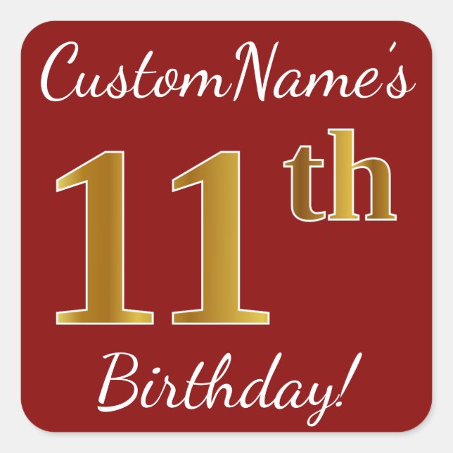 Red, Faux Gold 11th Birthday + Custom Name Sticker (Front)