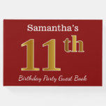 [ Thumbnail: Red, Faux Gold 11th Birthday Party + Custom Name Guest Book ]