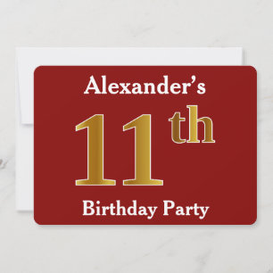 Red, Faux Gold 11th Birthday Party + Custom Name Invitation