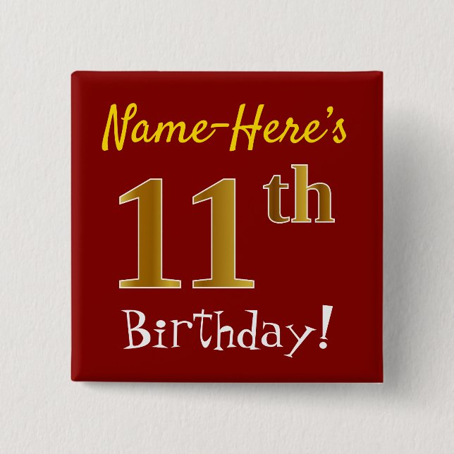 Red, Faux Gold 11th Birthday, With Custom Name Button (Front)