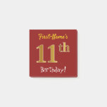 [ Thumbnail: Red, Faux Gold 11th Birthday, With Custom Name Notes ]
