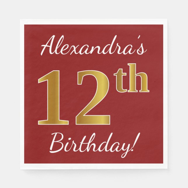 Red, Faux Gold 12th Birthday + Custom Name Paper Napkins (Front)