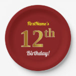 [ Thumbnail: Red, Faux Gold 12th Birthday + Custom Name Paper Plates ]