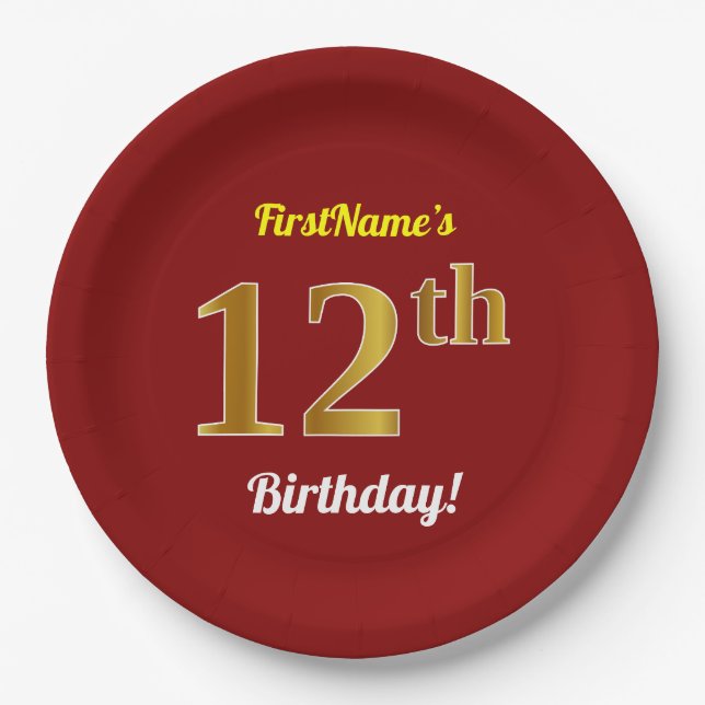 Red, Faux Gold 12th Birthday + Custom Name Paper Plates (Front)