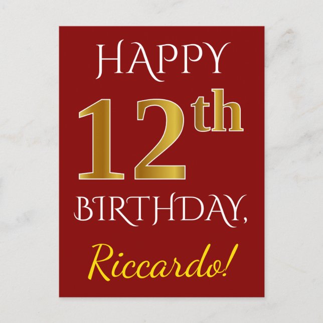 Red, Faux Gold 12th Birthday + Custom Name Postcard (Front)
