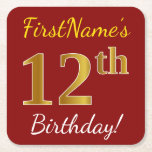 [ Thumbnail: Red, Faux Gold 12th Birthday + Custom Name Paper Coaster ]