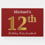 [ Thumbnail: Red, Faux Gold 12th Birthday Party + Custom Name Guest Book ]
