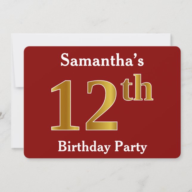 Red, Faux Gold 12th Birthday Party + Custom Name Invitation (Front)