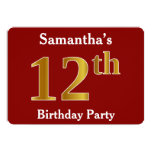 [ Thumbnail: Red, Faux Gold 12th Birthday Party + Custom Name Invitation ]