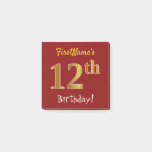 [ Thumbnail: Red, Faux Gold 12th Birthday, With Custom Name Notes ]