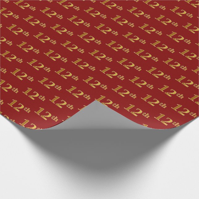 Red, Faux Gold 12th (Twelfth) Event Wrapping Paper (Corner)