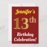 [ Thumbnail: Red, Faux Gold 13th Birthday Celebration + Name Invitation ]