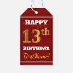 [ Thumbnail: Red, Faux Gold 13th Birthday + Custom Name Gift Tags ]