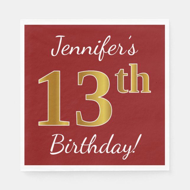 Red, Faux Gold 13th Birthday + Custom Name Napkins (Front)