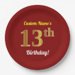 [ Thumbnail: Red, Faux Gold 13th Birthday + Custom Name Paper Plates ]