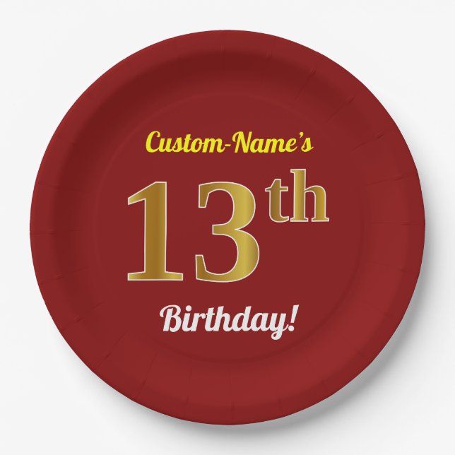 Red, Faux Gold 13th Birthday + Custom Name Paper Plates (Front)